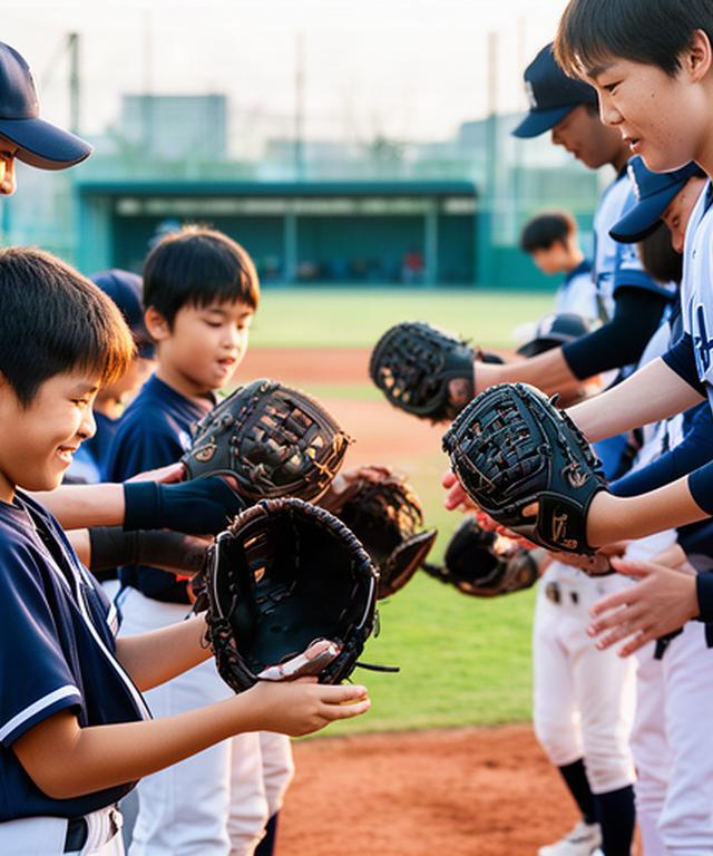 松戸市の少年野球チームで子どもたちがグラブを試着している練習風景